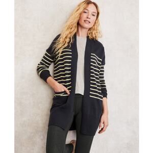 Garnet Hill Women's Navy Striped Wool Blend Long Open Cardigan Sweater Sz L